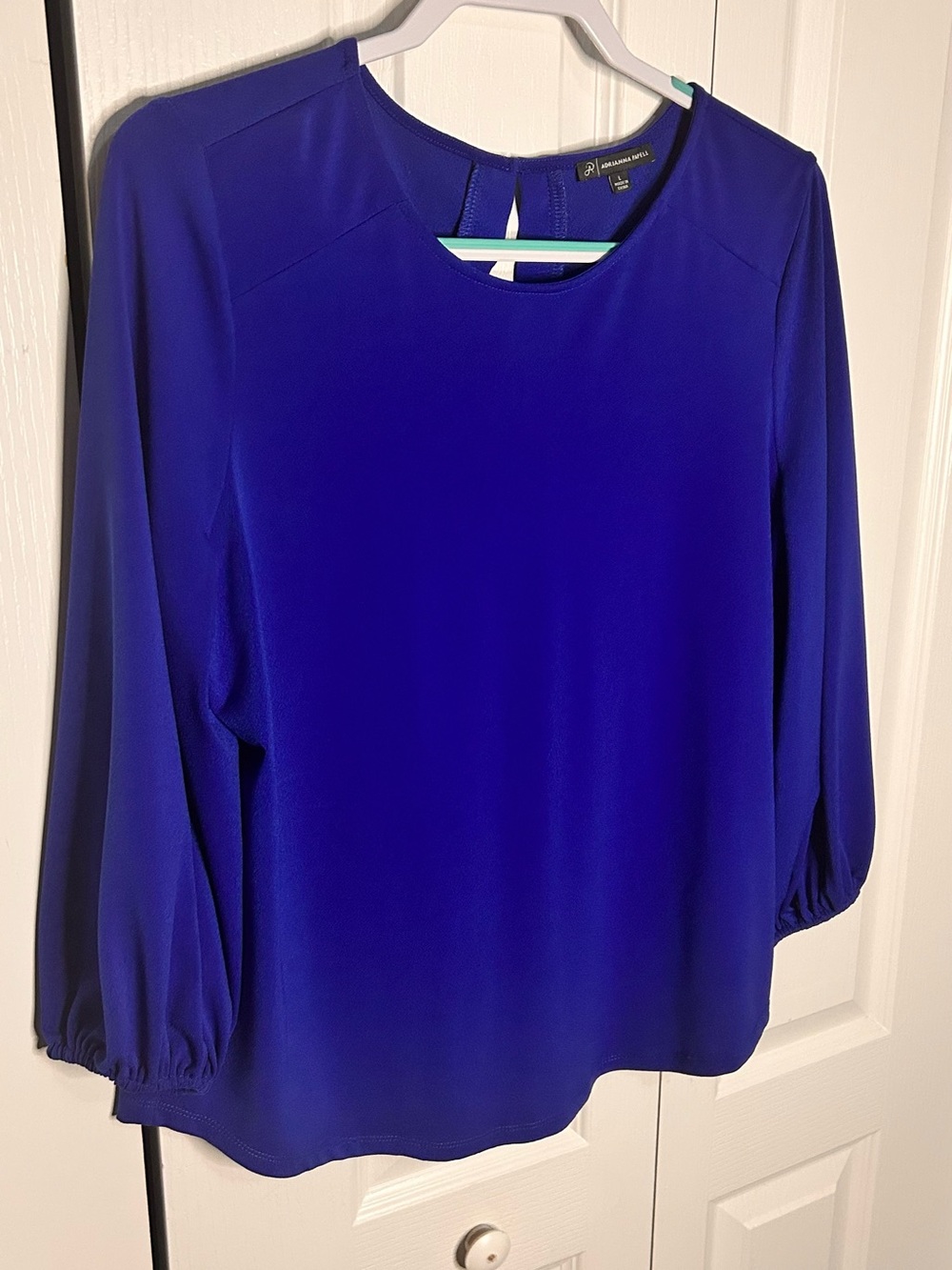 Adrianna Papell Womens Large Cobalt Blue Rounded Neck Long Sleeve Blouse Keyhole - Picture 2 of 6